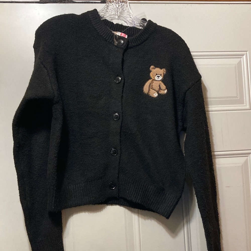 Black Button-Up Cardigan with Teddy Bear Patch L NWT